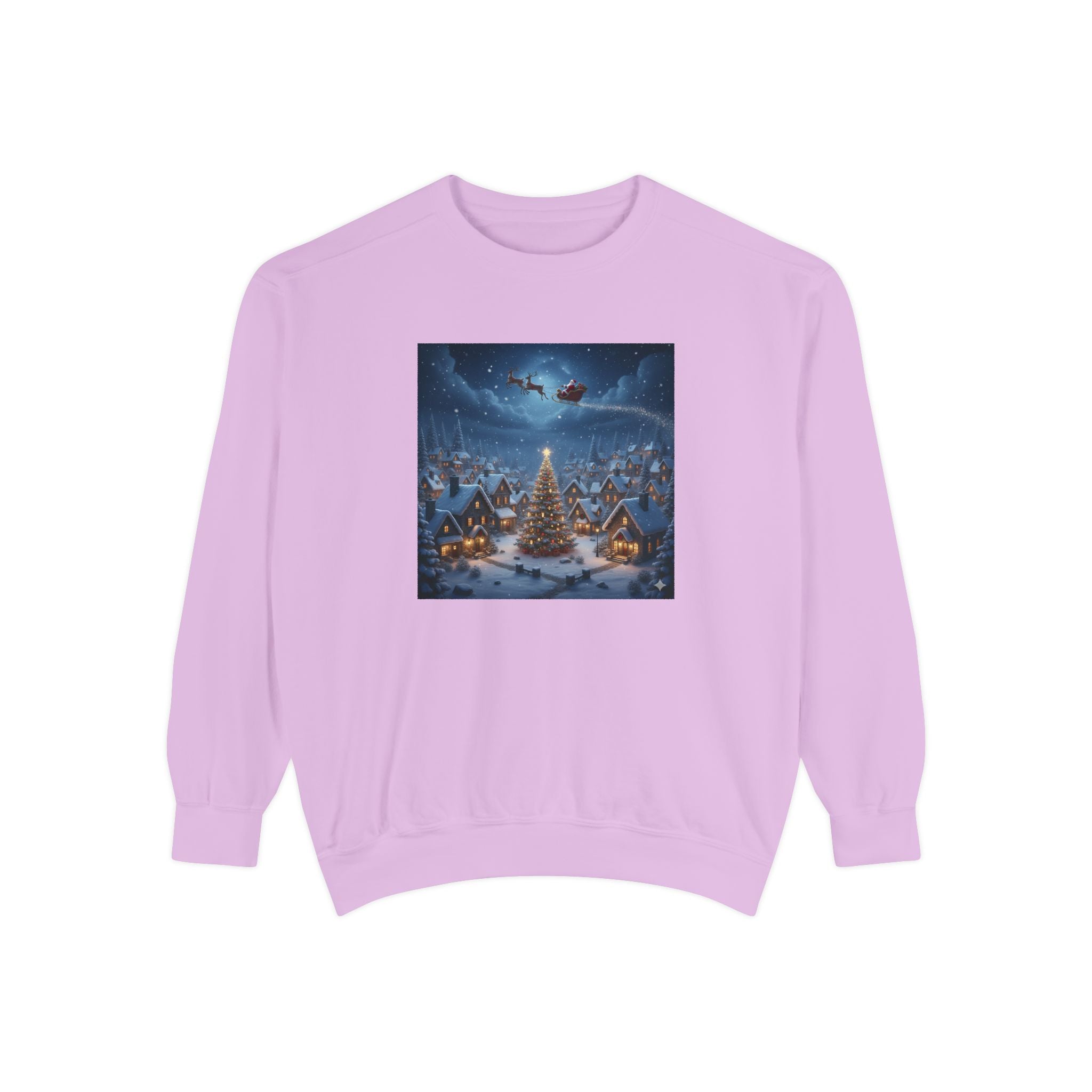 Christmas Village Sweatshirt — Santa Sleigh over Snowy Tree Scene