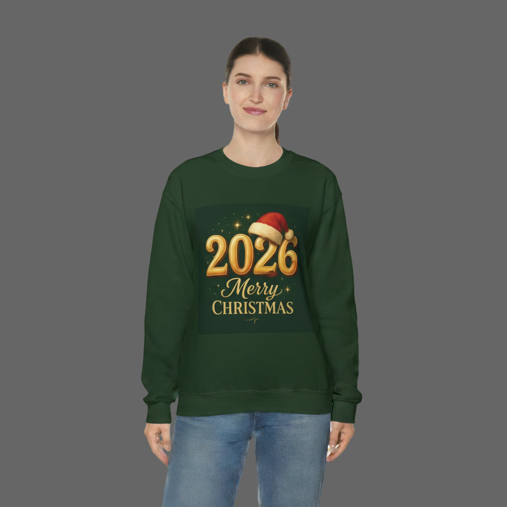 2026 Merry Christmas Crewneck Sweatshirt — Holiday Graphic Pullover with Santa Hat