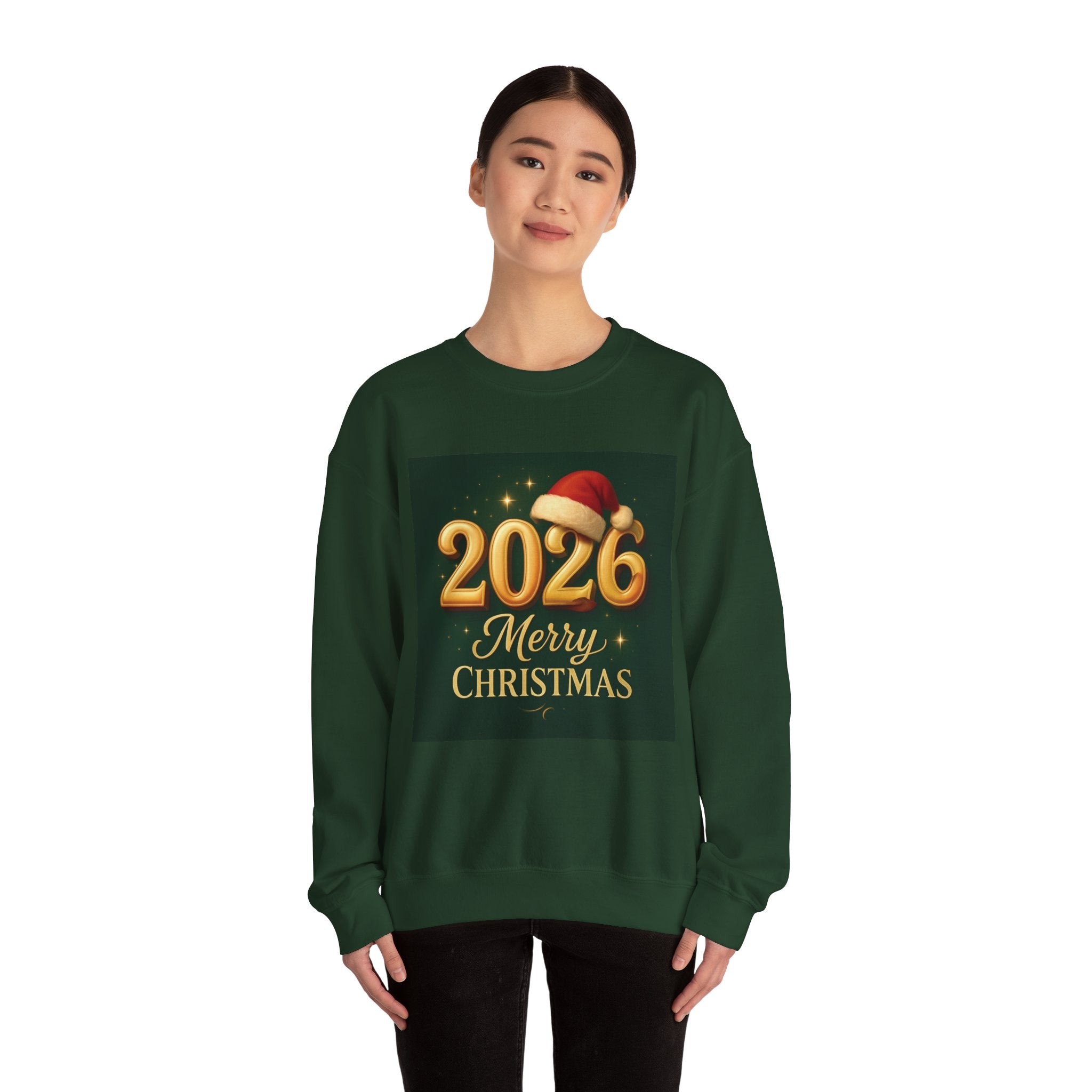2026 Merry Christmas Crewneck Sweatshirt — Holiday Graphic Pullover with Santa Hat