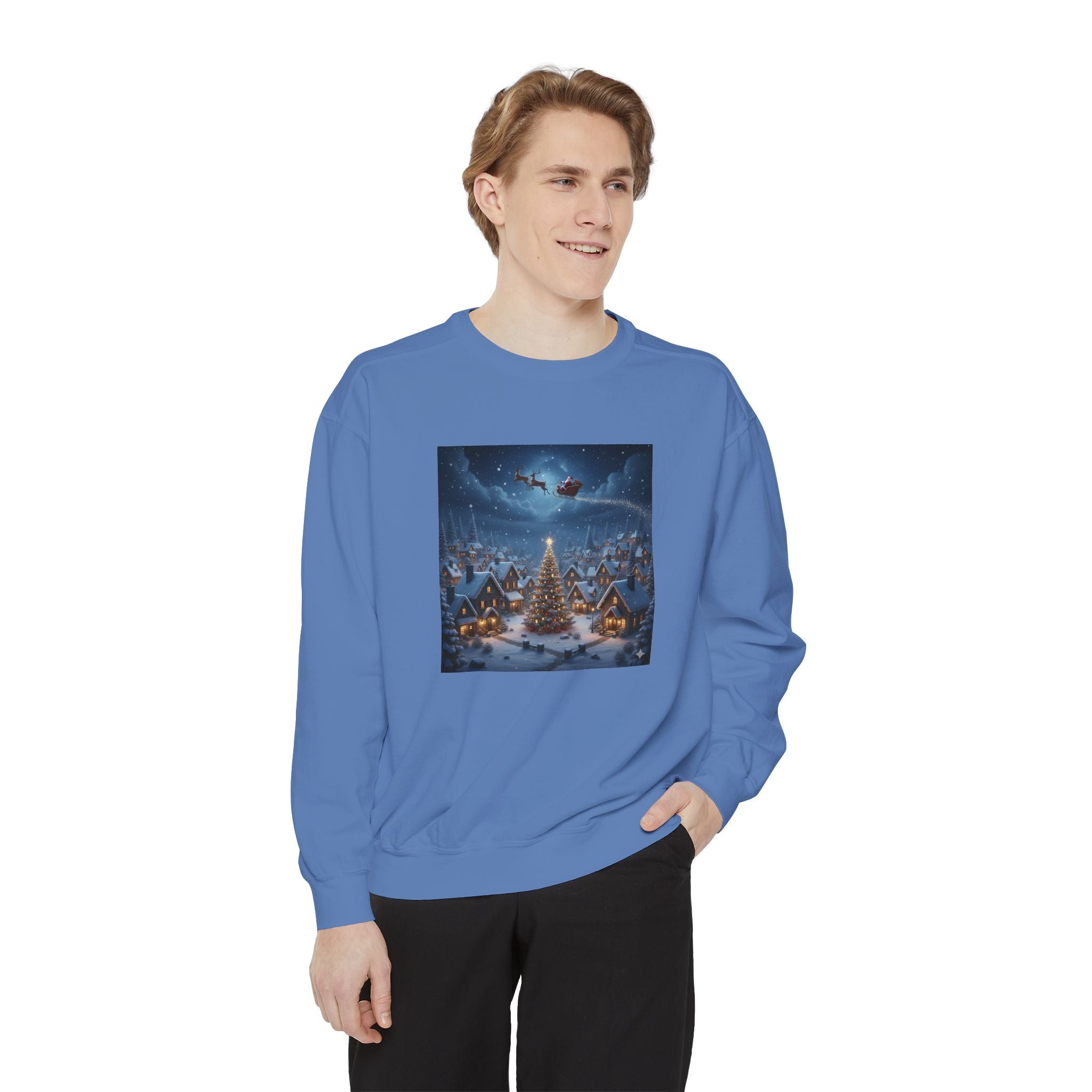 Christmas Village Sweatshirt — Santa Sleigh over Snowy Tree Scene