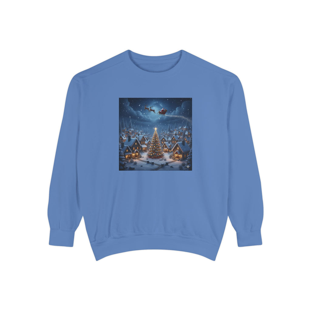 Christmas Village Sweatshirt — Santa Sleigh over Snowy Tree Scene