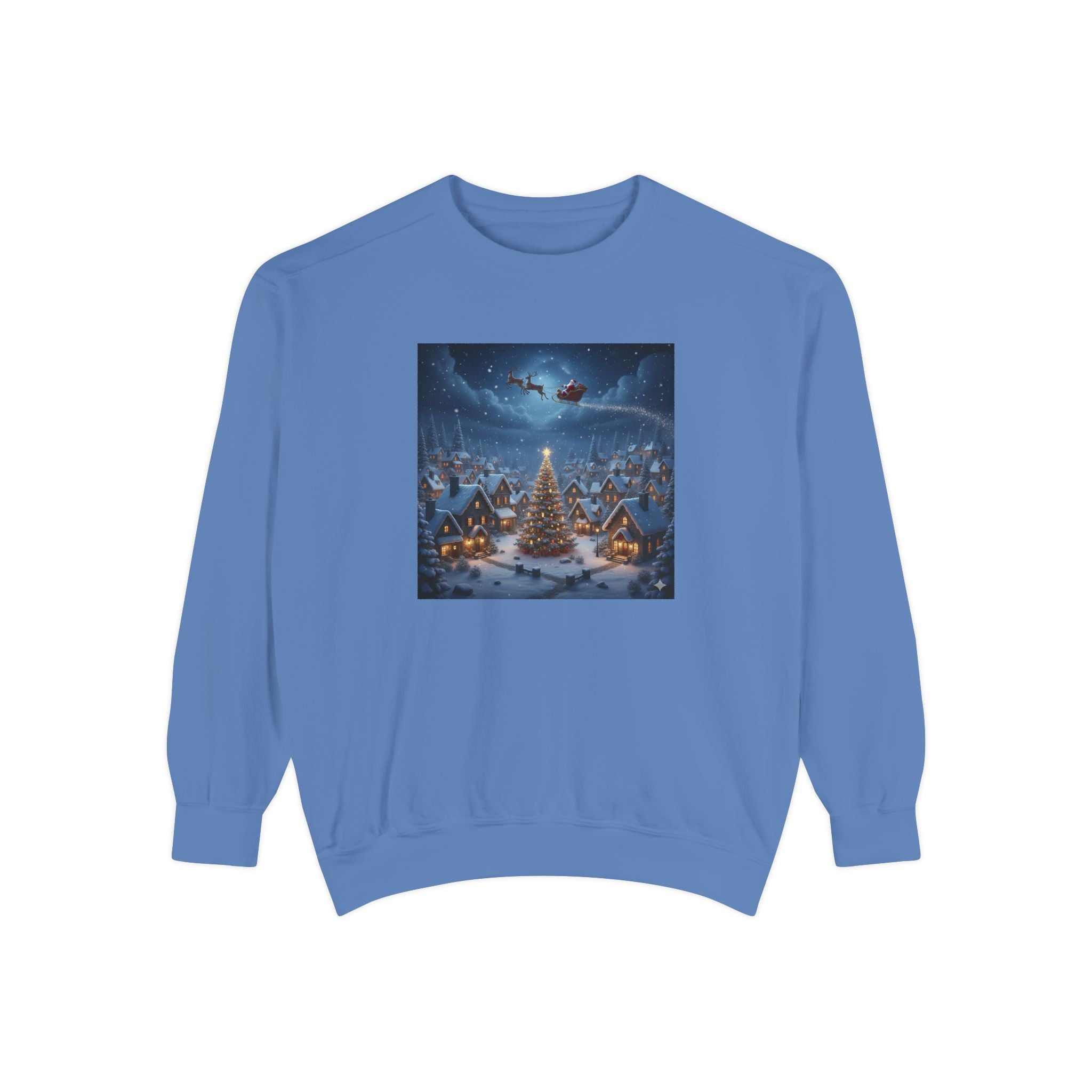 Christmas Village Sweatshirt — Santa Sleigh over Snowy Tree Scene