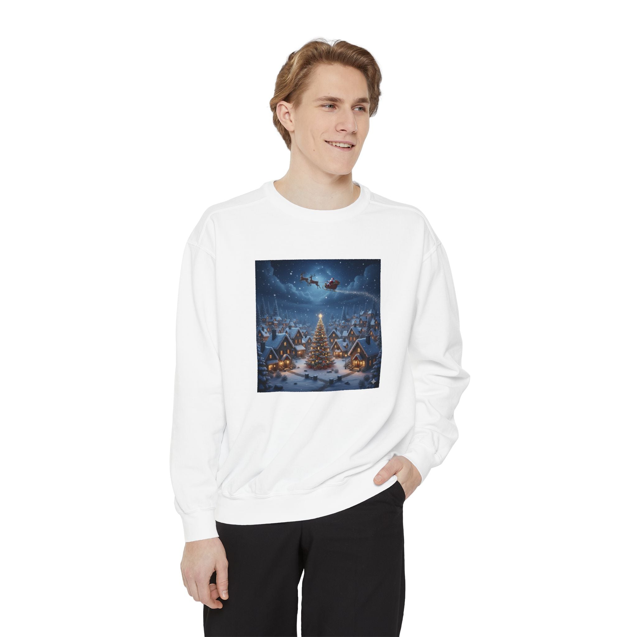 Christmas Village Sweatshirt — Santa Sleigh over Snowy Tree Scene