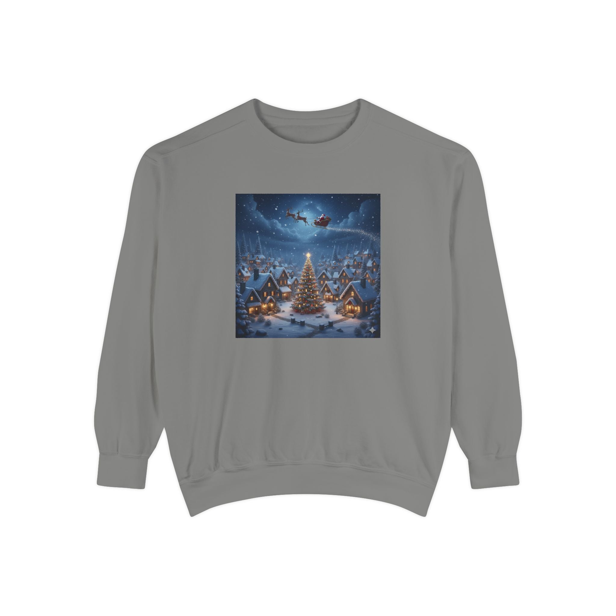 Christmas Village Sweatshirt — Santa Sleigh over Snowy Tree Scene