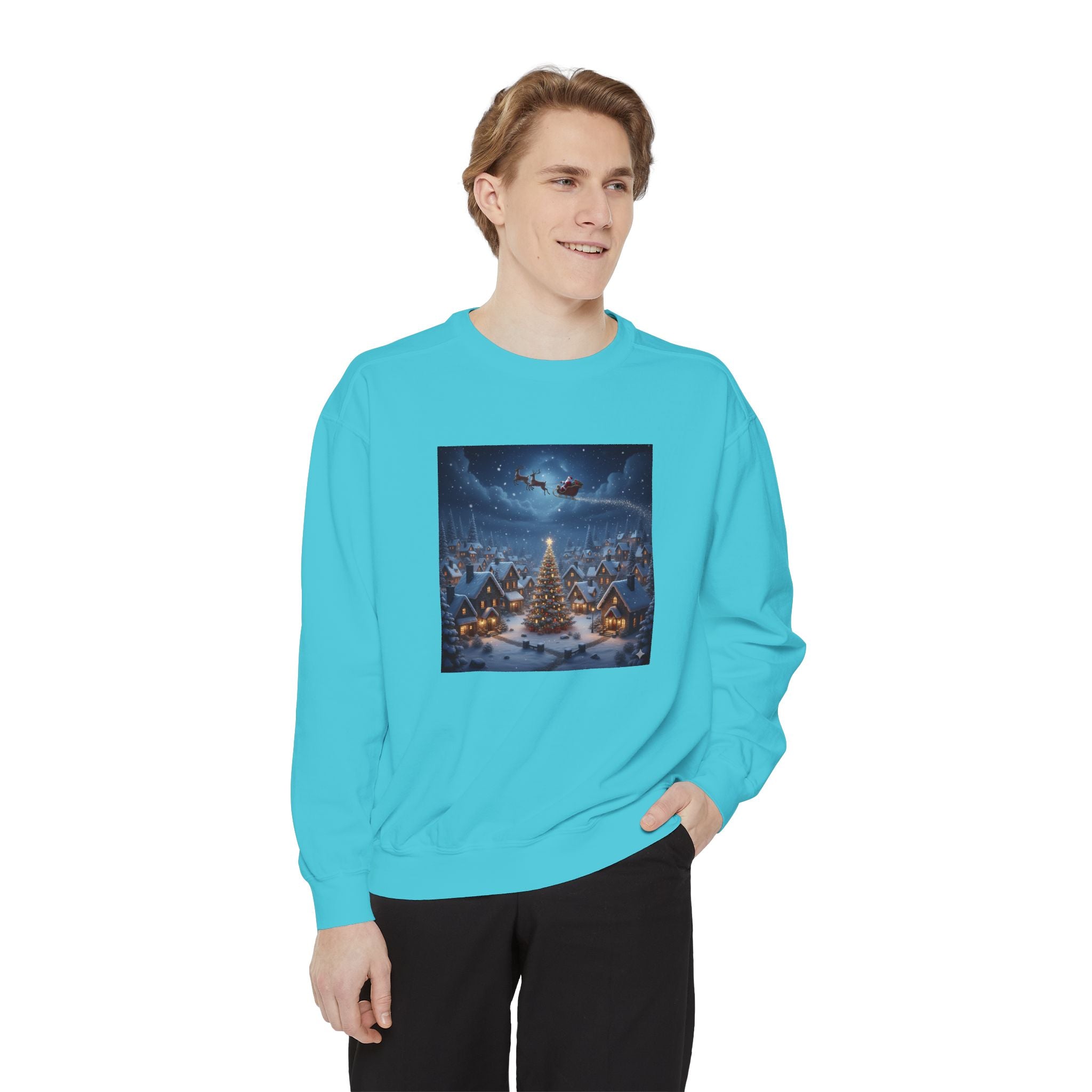 Christmas Village Sweatshirt — Santa Sleigh over Snowy Tree Scene