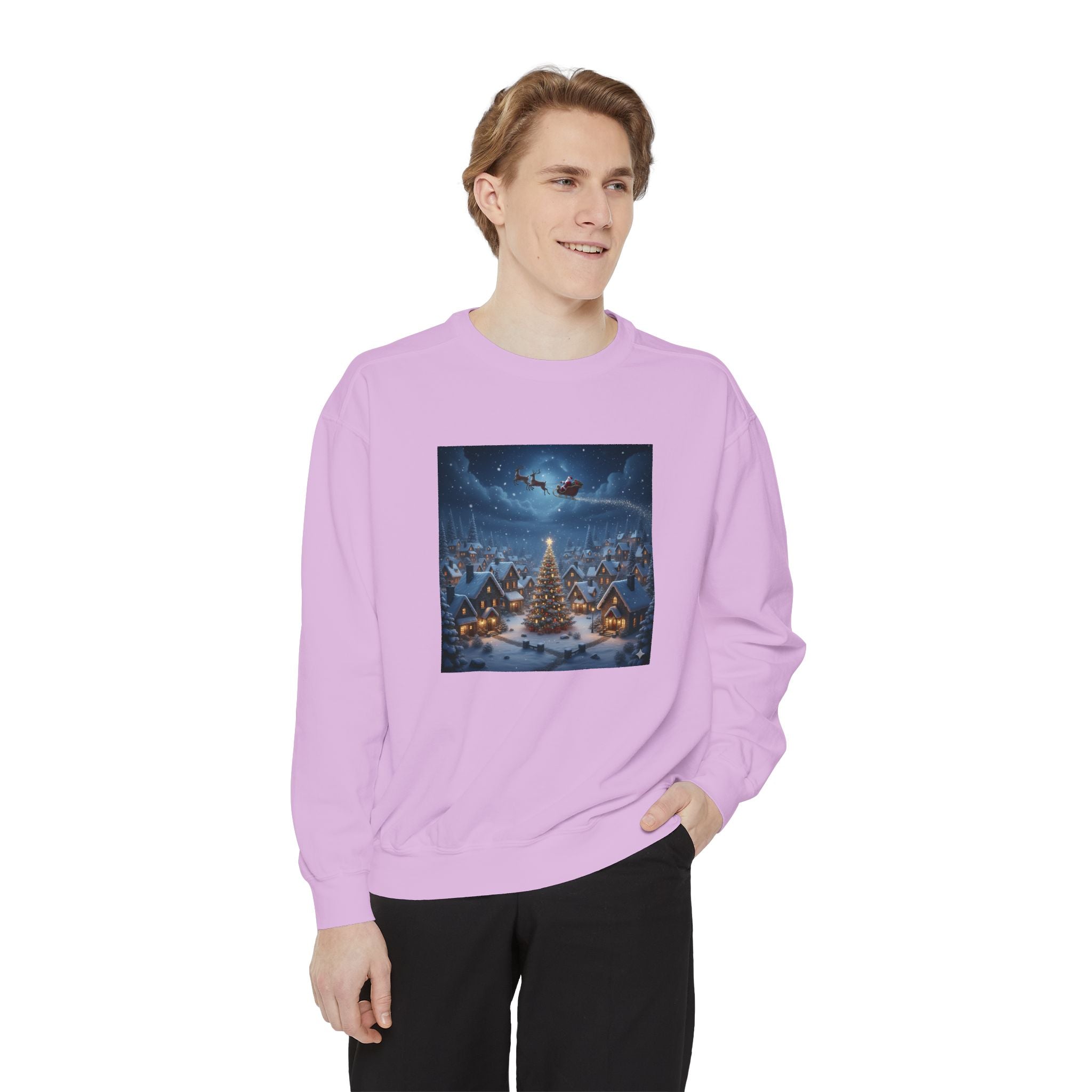 Christmas Village Sweatshirt — Santa Sleigh over Snowy Tree Scene