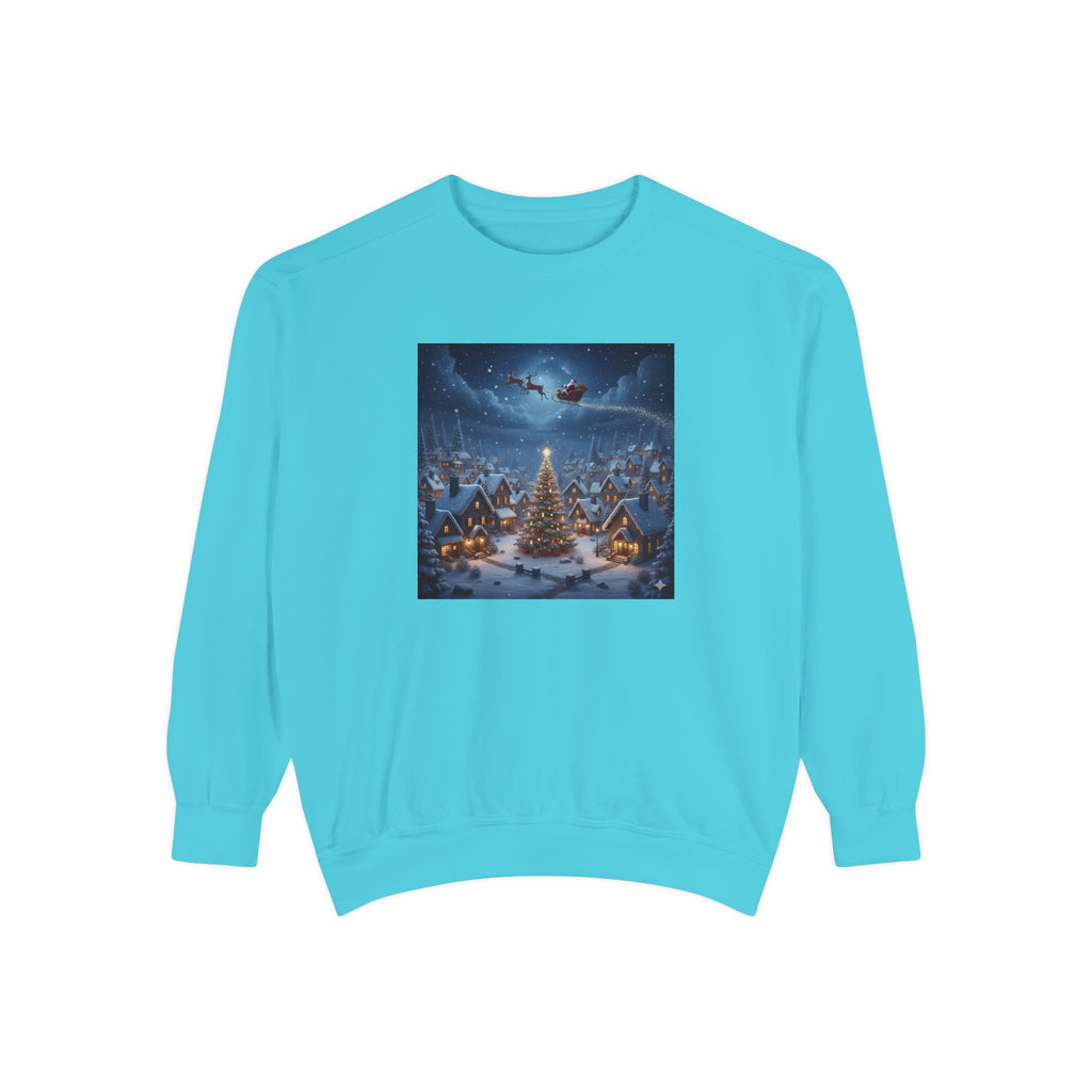 Christmas Village Sweatshirt — Santa Sleigh over Snowy Tree Scene