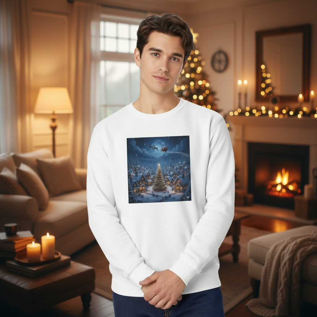 Christmas Village Sweatshirt — Santa Sleigh over Snowy Tree Scene